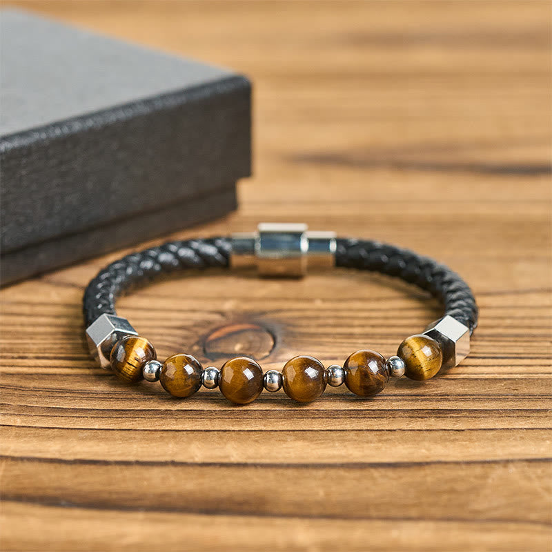 Fortune Jewel Tiger Eye Titanium Steel Courage Balance Leather Bracelet - Fortune Jewel