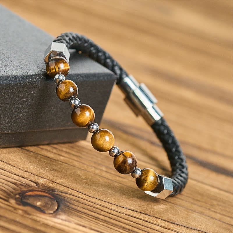 Fortune Jewel Tiger Eye Titanium Steel Courage Balance Leather Bracelet - Fortune Jewel