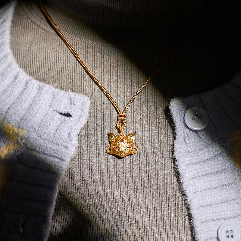 Fortune Jewel 24k Gold Plated Brass Fox Charm Texture Rope Necklace Pendant - Fortune Jewel