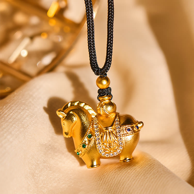 Fortune Jewel Year Of The Horse 24k Gold Plated Brass Rope Cord Necklace Pendant - Fortune Jewel