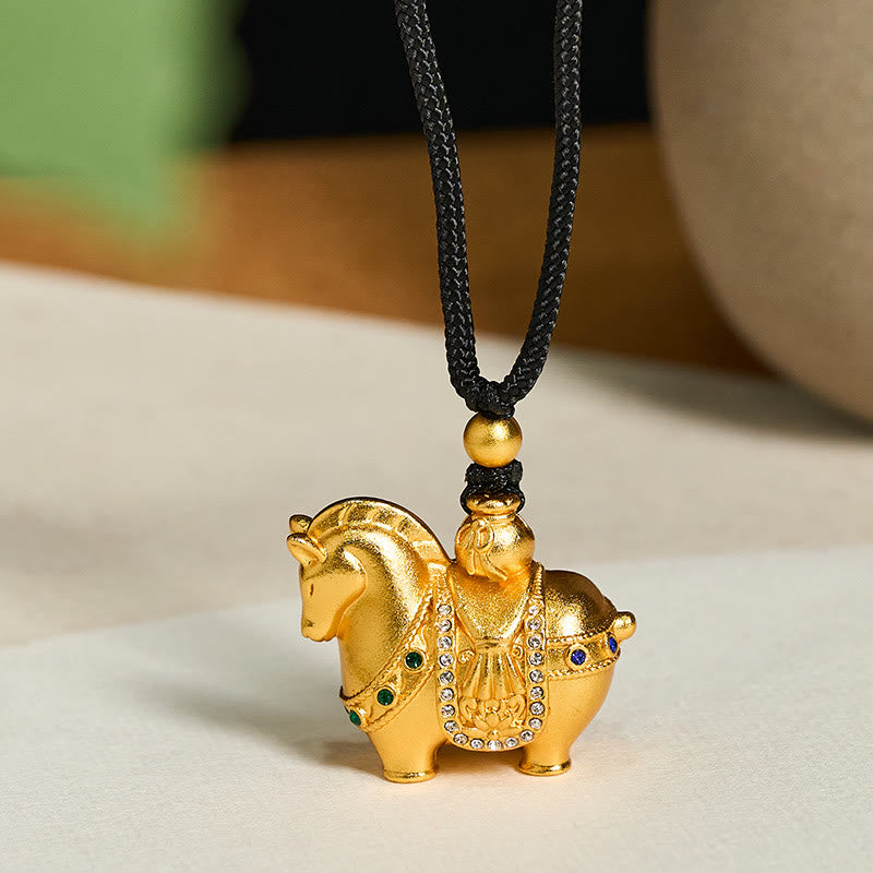 Fortune Jewel Year Of The Horse 24k Gold Plated Brass Rope Cord Necklace Pendant - Fortune Jewel
