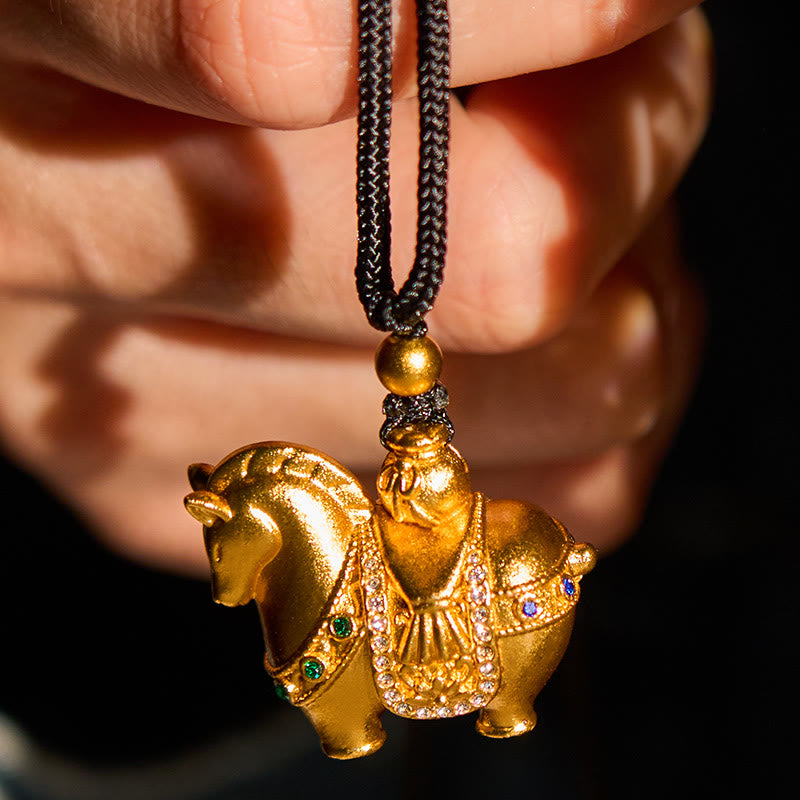 Fortune Jewel Year Of The Horse 24k Gold Plated Brass Rope Cord Necklace Pendant - Fortune Jewel