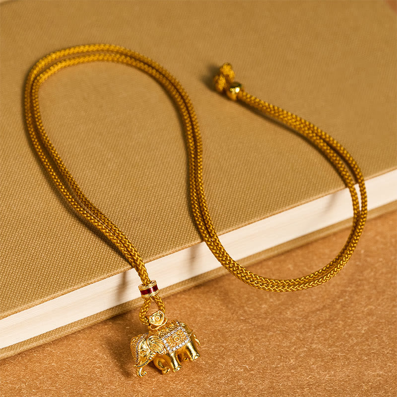 Fortune Jewel 24k Gold Plated Brass Elephant Charm Strength Rope Necklace Pendant - Fortune Jewel