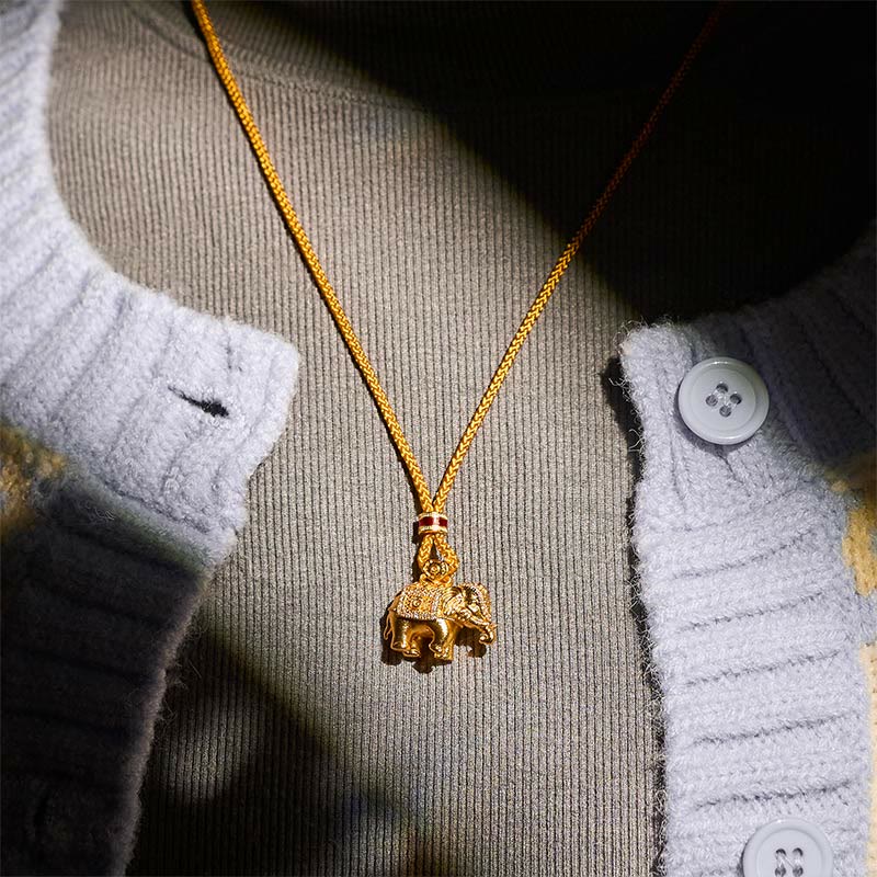 Fortune Jewel 24k Gold Plated Brass Elephant Charm Strength Rope Necklace Pendant - Fortune Jewel