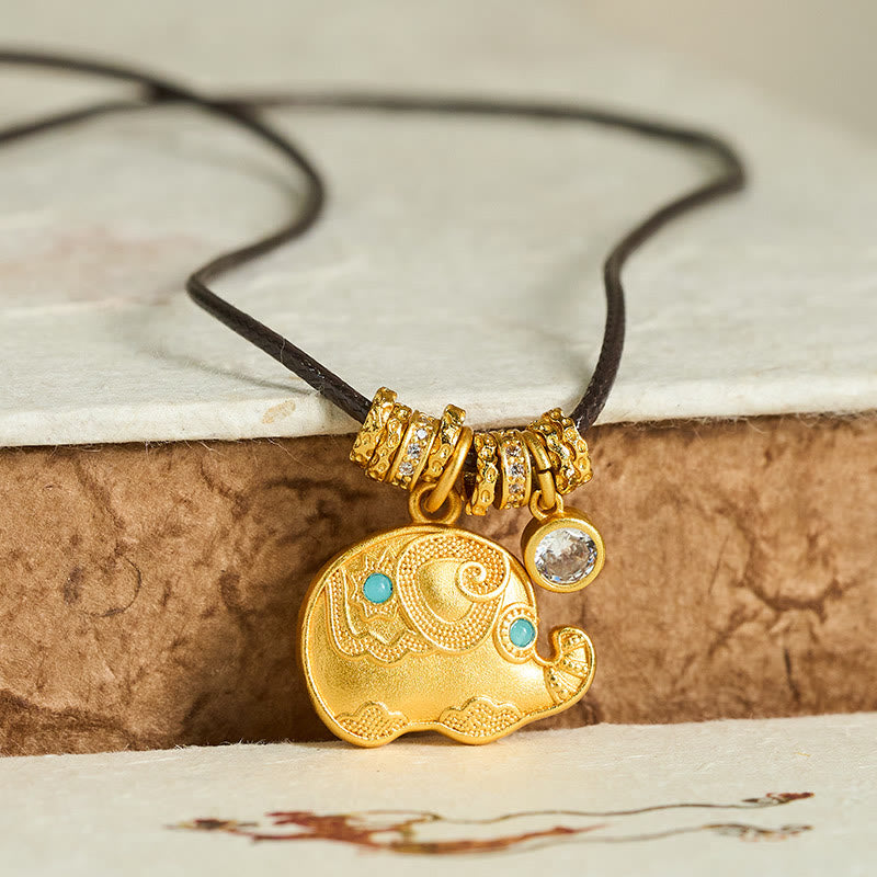 Fortune Jewel Elephant Symbol 24k Gold Plated Brass Strength Rope Necklace Pendant - Fortune Jewel