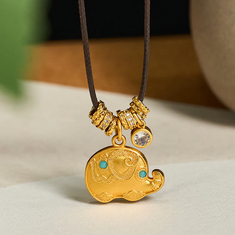 Fortune Jewel Elephant Symbol 24k Gold Plated Brass Strength Rope Necklace Pendant - Fortune Jewel
