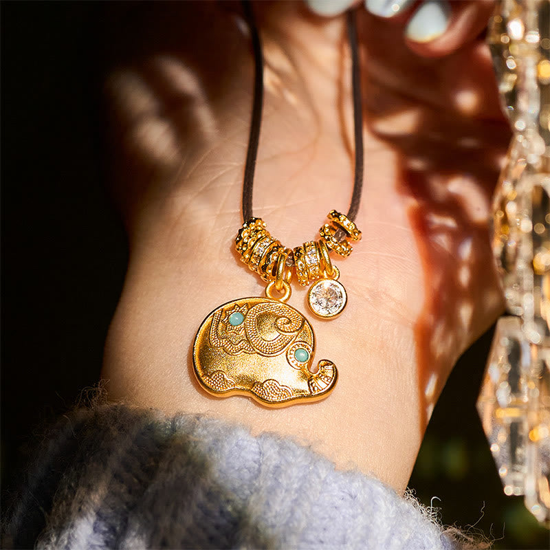 Fortune Jewel Elephant Symbol 24k Gold Plated Brass Strength Rope Necklace Pendant - Fortune Jewel