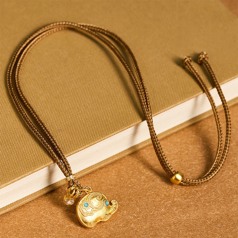 Fortune Jewel 24k Gold Plated Brass Elephant Symbol Braided Cord Strength Necklace Pendant - Fortune Jewel