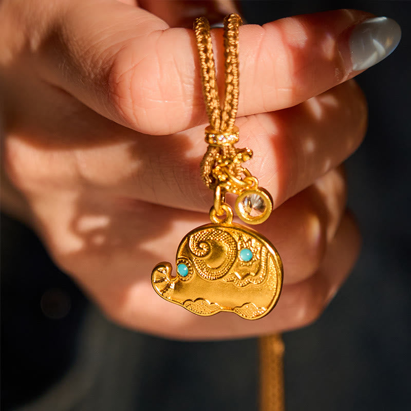 Fortune Jewel "May Strength Be With You" 24k Gold Plated Brass Elephant Necklace Includes Gift Message Card