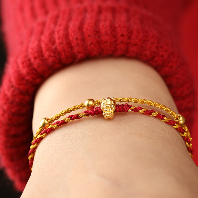 Fortune Jewel 999 Gold Beads Year Of The Horse Double Wrap Golden Red String Luck Bracelet - Fortune Jewel