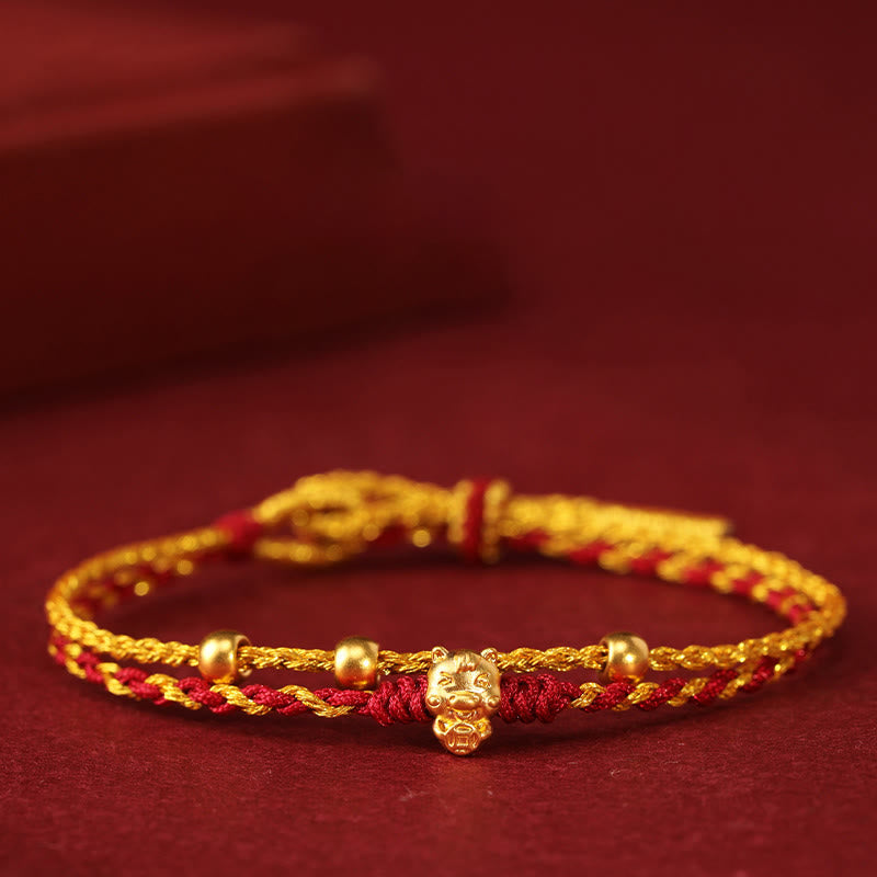 Fortune Jewel 999 Gold Beads Year Of The Horse Double Wrap Golden Red String Luck Bracelet - Fortune Jewel