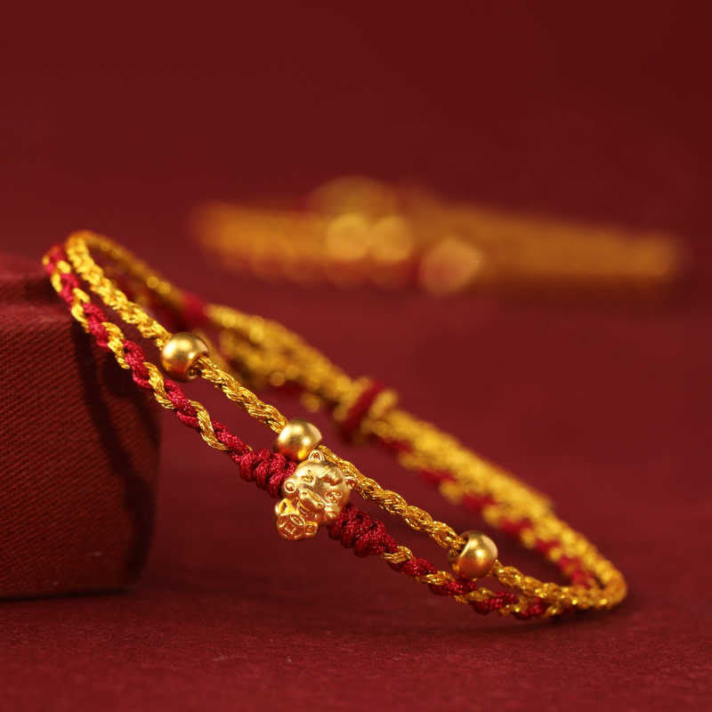 Fortune Jewel 999 Gold Beads Year Of The Horse Double Wrap Golden Red String Luck Bracelet - Fortune Jewel