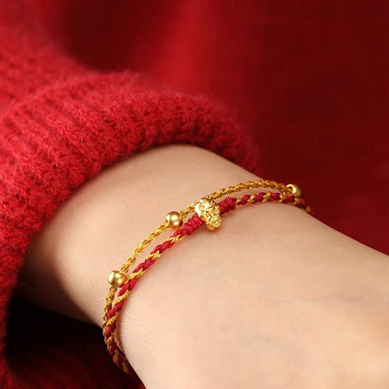 Fortune Jewel 999 Gold Beads Year Of The Horse Double Wrap Golden Red String Luck Bracelet - Fortune Jewel
