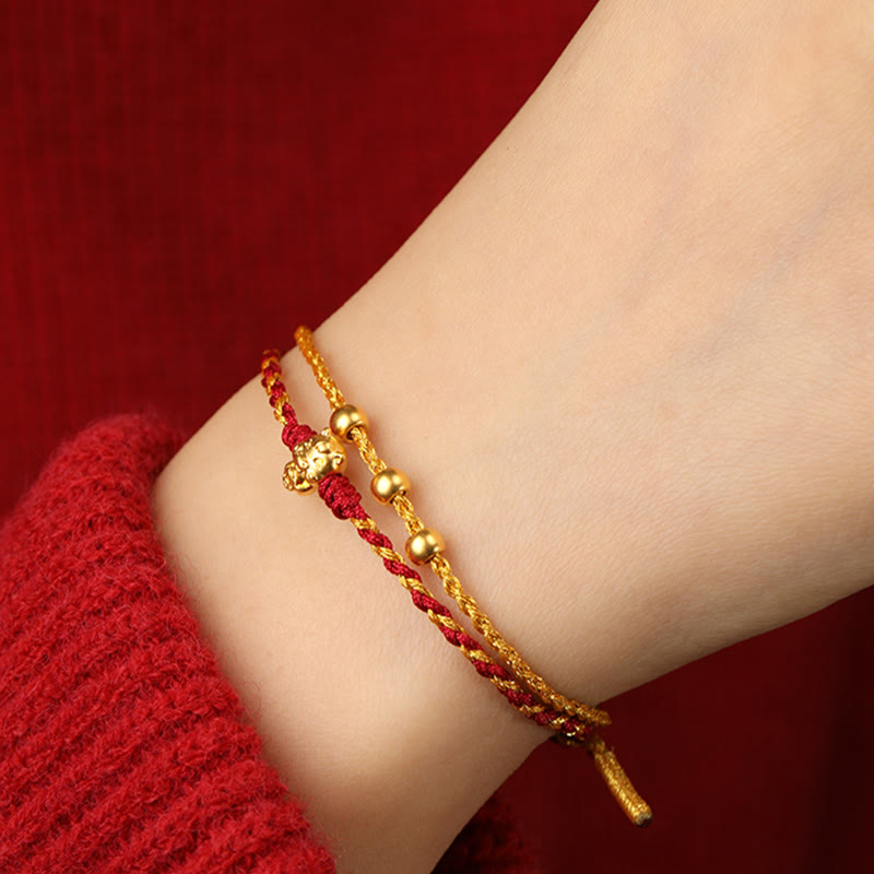 Fortune Jewel 999 Gold Beads Year Of The Horse Double Wrap Golden Red String Luck Bracelet - Fortune Jewel