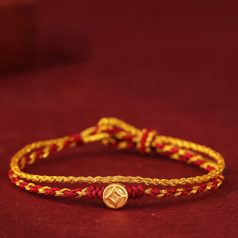 Fortune Jewel 999 Gold Beads Copper Coin Double Wrap Golden Red String Connection Braided Bracelet - Fortune Jewel