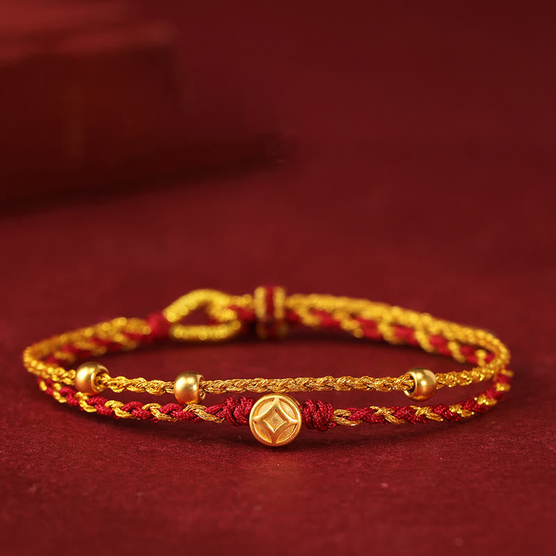 Fortune Jewel 999 Gold Beads Copper Coin Double Wrap Golden Red String Connection Braided Bracelet - Fortune Jewel