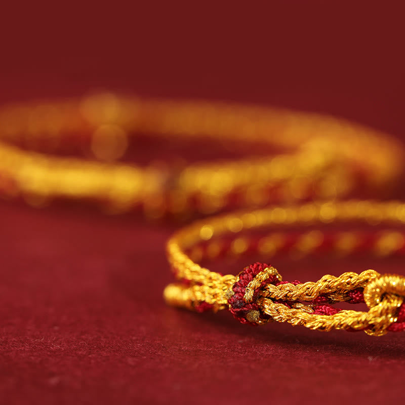Fortune Jewel 999 Gold Beads Copper Coin Double Wrap Golden Red String Connection Braided Bracelet - Fortune Jewel