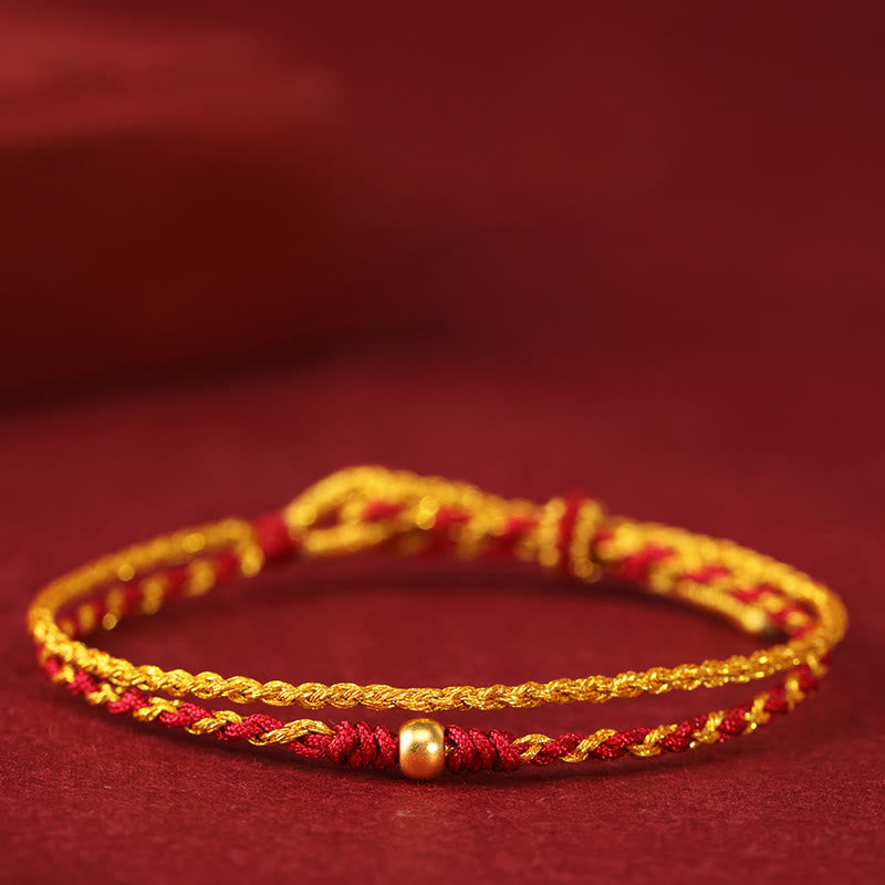 Fortune Jewel 999 Gold Beads Copper Coin Double Wrap Golden Red String Connection Braided Bracelet - Fortune Jewel