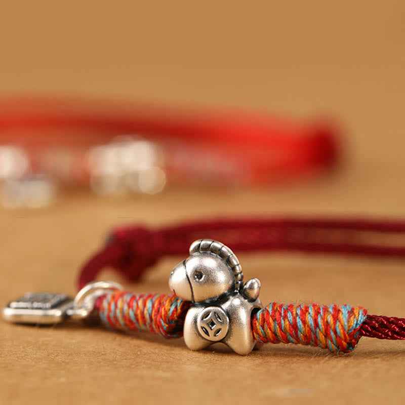Fortune Jewel 999 Sterling Silver Year Of The Horse Fu Character Charm String Braided Luck Bracelet