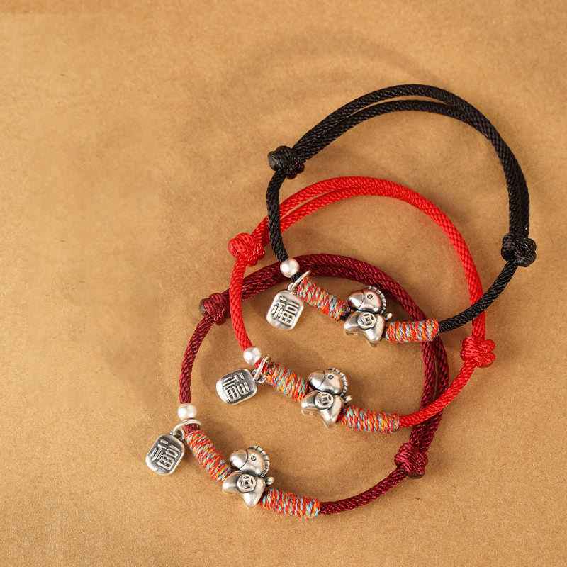 Fortune Jewel 999 Sterling Silver Year Of The Horse Fu Character Charm String Braided Luck Bracelet