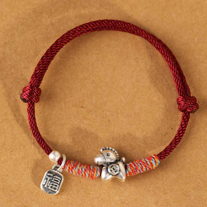 Fortune Jewel 999 Sterling Silver Year Of The Horse Fu Character Charm String Braided Luck Bracelet