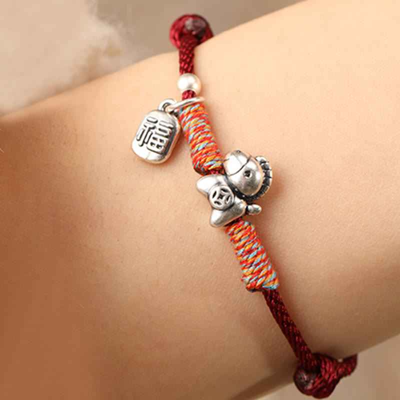 Fortune Jewel 999 Sterling Silver Year Of The Horse Fu Character Charm String Braided Luck Bracelet