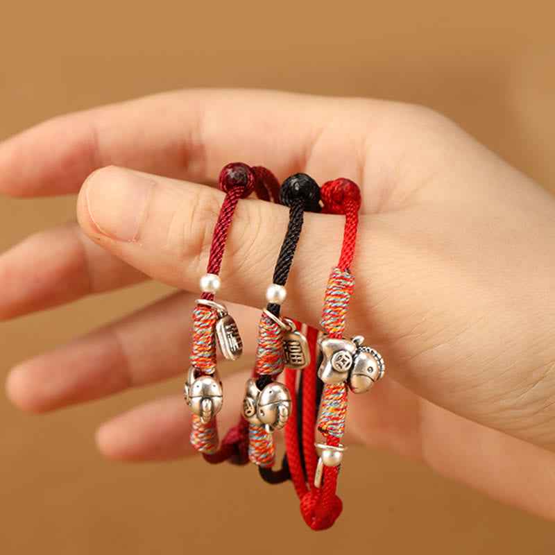 Fortune Jewel 999 Sterling Silver Year Of The Horse Fu Character Charm String Braided Luck Bracelet