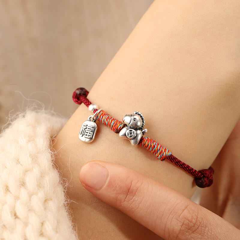 Fortune Jewel 999 Sterling Silver Year Of The Horse Fu Character Charm String Braided Luck Bracelet