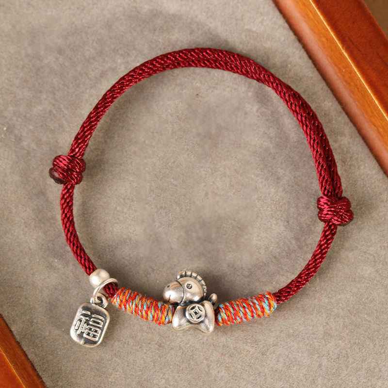 Fortune Jewel 999 Sterling Silver Year Of The Horse Fu Character Charm String Braided Luck Bracelet