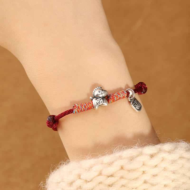 Fortune Jewel 999 Sterling Silver Year Of The Horse Fu Character Charm String Braided Luck Bracelet