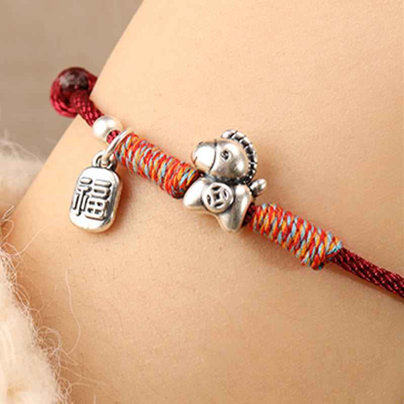 Fortune Jewel 999 Sterling Silver Year Of The Horse Fu Character Charm String Braided Luck Bracelet