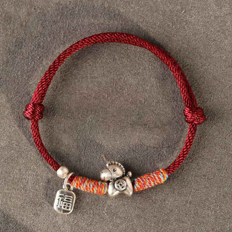 Fortune Jewel 999 Sterling Silver Year Of The Horse Fu Character Charm String Braided Luck Bracelet