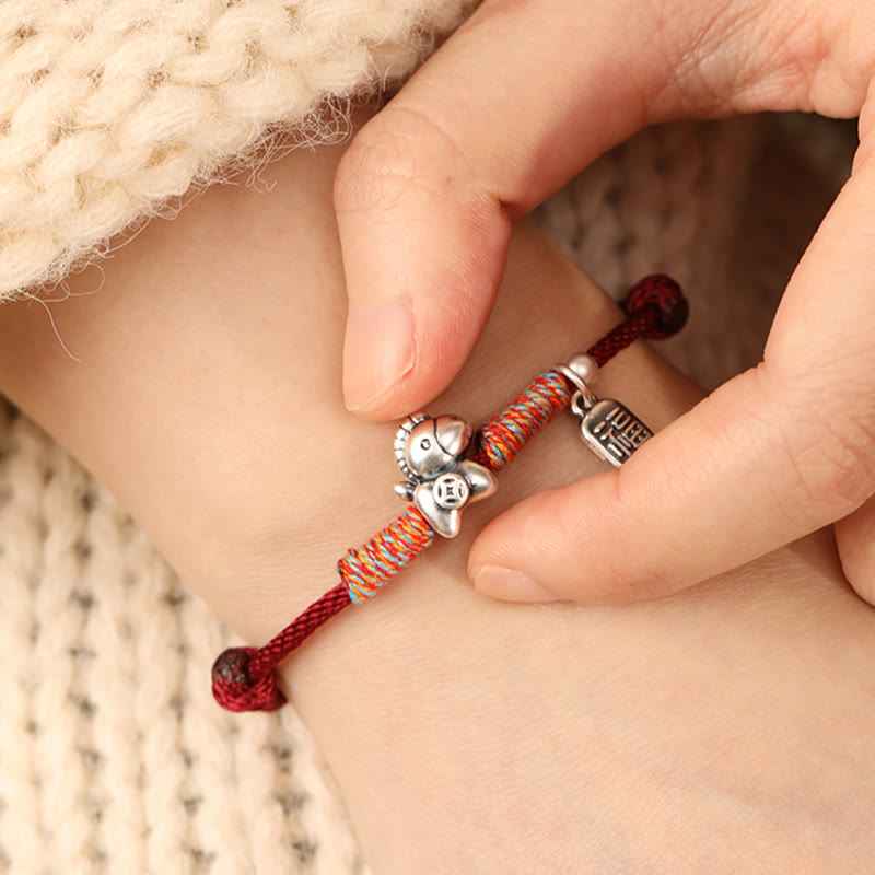 Fortune Jewel 999 Sterling Silver Year Of The Horse Fu Character Charm String Braided Luck Bracelet