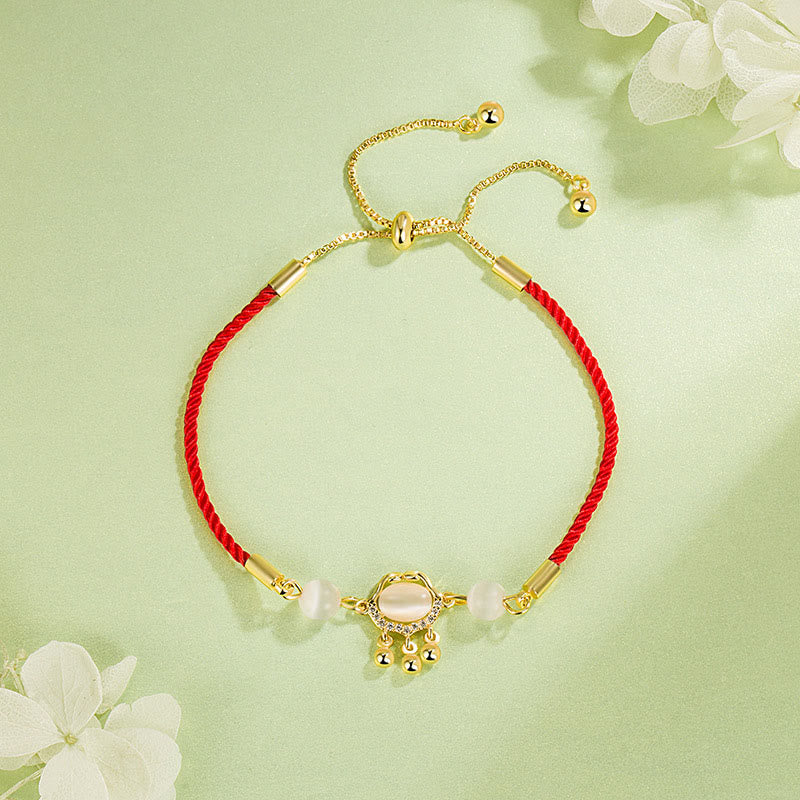 Fortune Jewel Chinese Lock Charm Cat's Eye Red String Copper Plated Gold Protection Bracelet - Fortune Jewel