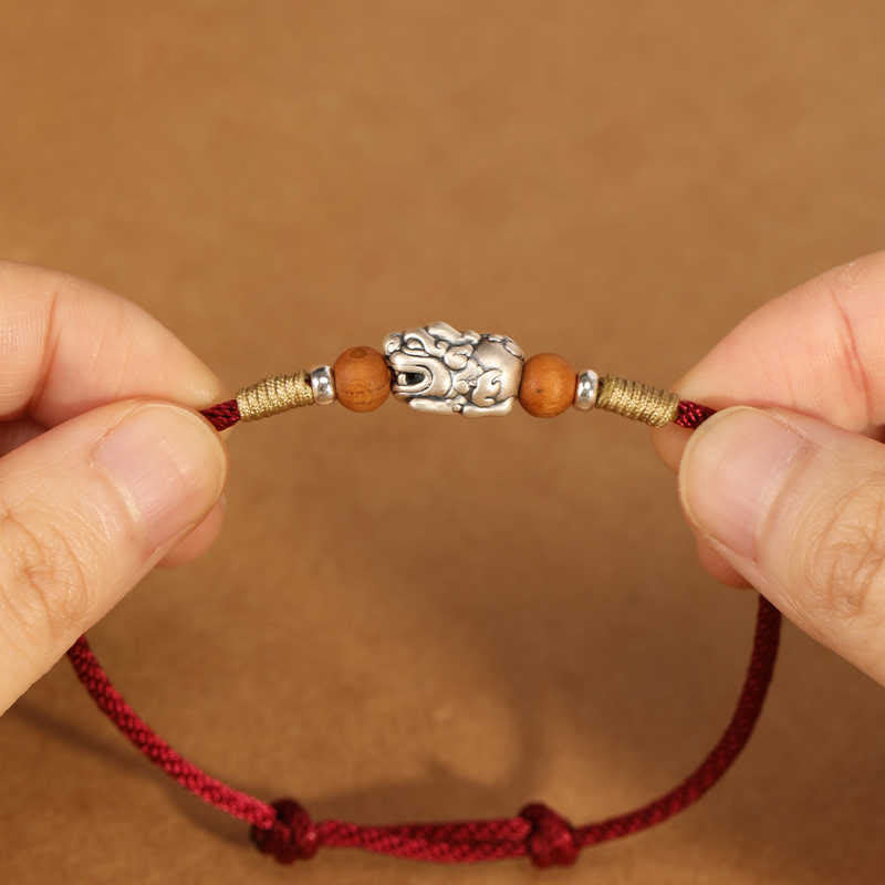 Fortune Jewel 999 Sterling Silver Pixiu Charm Peach Wood Bead Handmade String Braided Luck Bracelet Anklet - Fortune Jewel