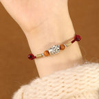 Fortune Jewel 999 Sterling Silver Pixiu Charm Peach Wood Bead Handmade String Braided Luck Bracelet Anklet - Fortune Jewel