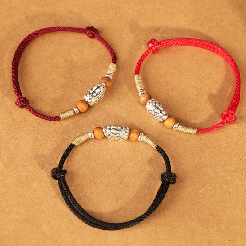 Fortune Jewel 999 Sterling Silver Pixiu Charm Peach Wood Bead Handmade String Braided Luck Bracelet Anklet - Fortune Jewel