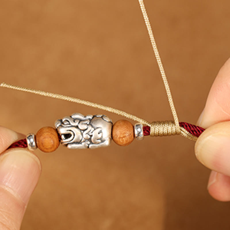 Fortune Jewel 999 Sterling Silver Pixiu Charm Peach Wood Bead Handmade String Braided Luck Bracelet Anklet - Fortune Jewel