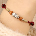 Fortune Jewel 999 Sterling Silver Pixiu Charm Peach Wood Bead Handmade String Braided Luck Bracelet Anklet - Fortune Jewel