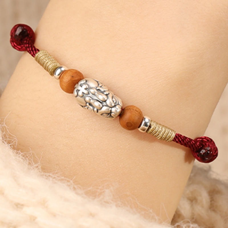 Fortune Jewel 999 Sterling Silver Pixiu Charm Peach Wood Bead Handmade String Braided Luck Bracelet Anklet - Fortune Jewel