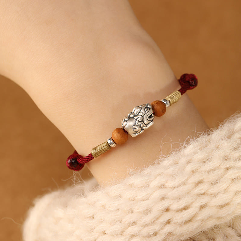 Fortune Jewel 999 Sterling Silver Pixiu Charm Peach Wood Bead Handmade String Braided Luck Bracelet Anklet - Fortune Jewel