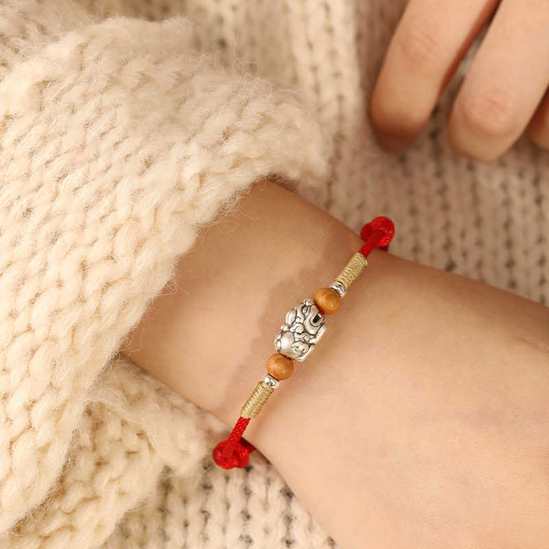 Fortune Jewel 999 Sterling Silver Pixiu Charm Peach Wood Bead Handmade String Braided Luck Bracelet Anklet - Fortune Jewel