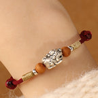 Fortune Jewel 999 Sterling Silver Pixiu Charm Peach Wood Bead Handmade String Braided Luck Bracelet Anklet - Fortune Jewel