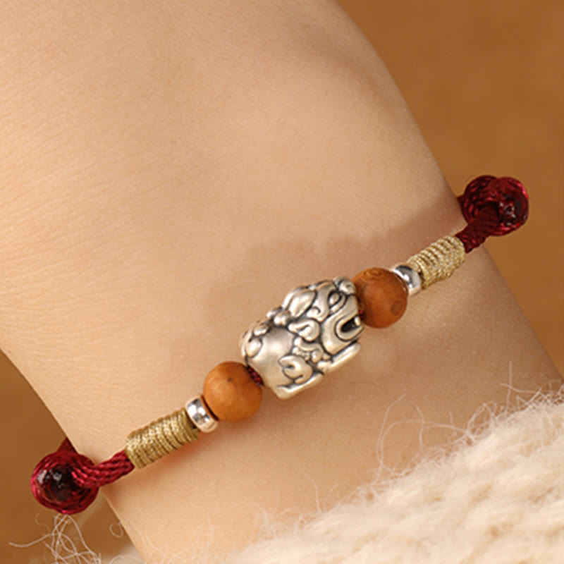 Fortune Jewel 999 Sterling Silver Pixiu Charm Peach Wood Bead Handmade String Braided Luck Bracelet Anklet - Fortune Jewel