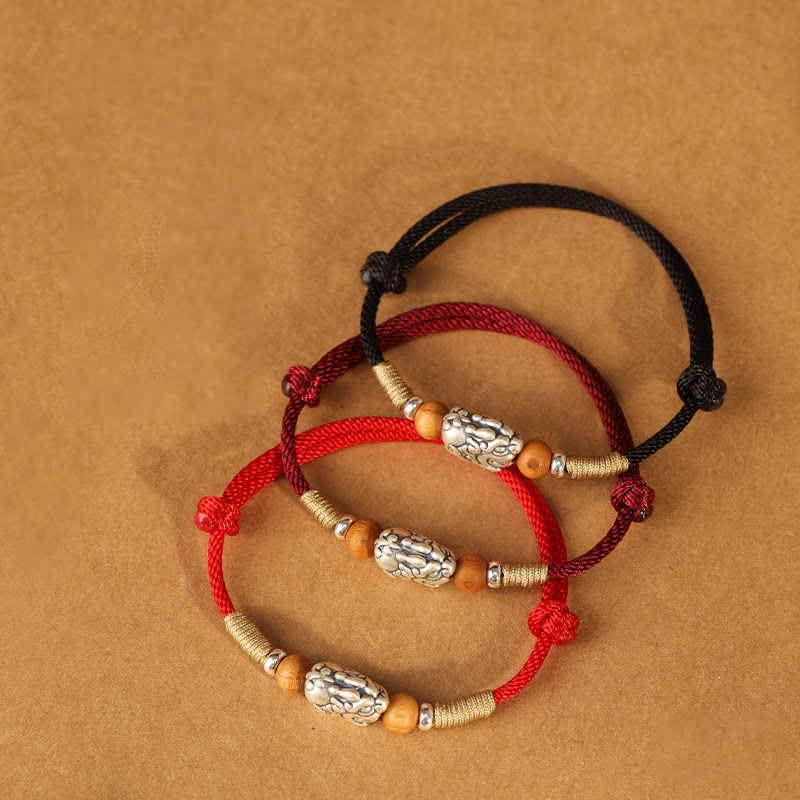 Fortune Jewel 999 Sterling Silver Pixiu Charm Peach Wood Bead Handmade String Braided Luck Bracelet Anklet - Fortune Jewel