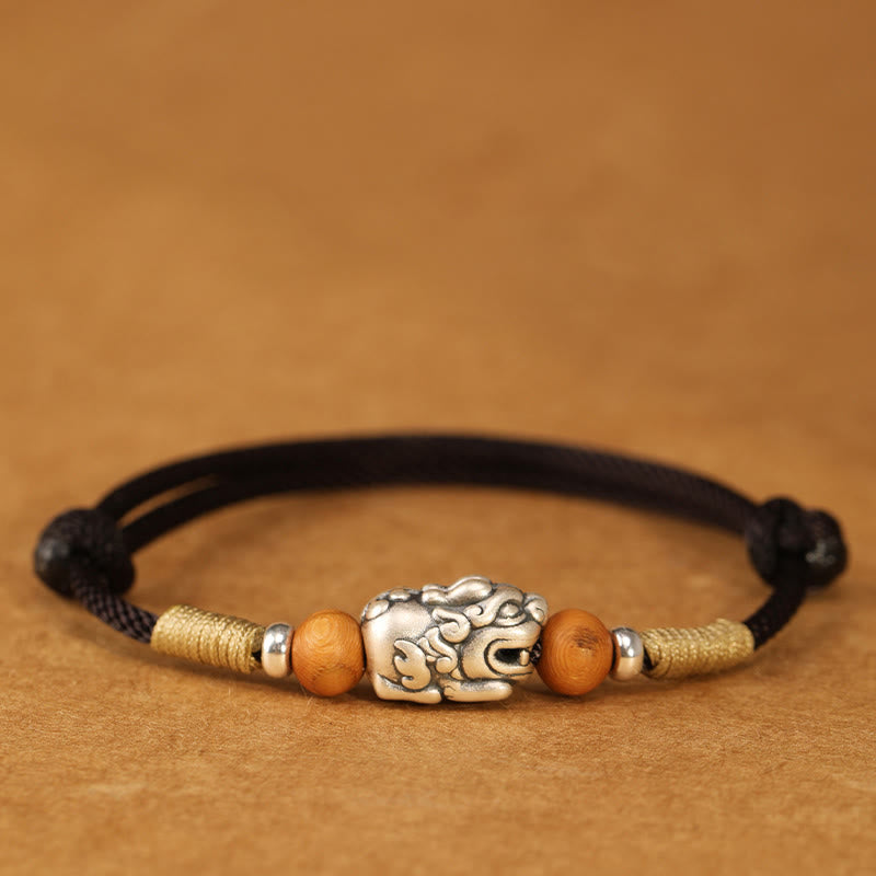 Fortune Jewel 999 Sterling Silver Pixiu Charm Peach Wood Bead Handmade String Braided Luck Bracelet Anklet - Fortune Jewel