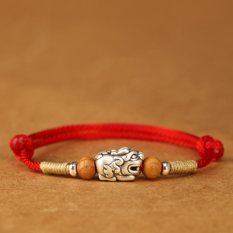 Fortune Jewel 999 Sterling Silver Pixiu Charm Peach Wood Bead Handmade String Braided Luck Bracelet Anklet - Fortune Jewel