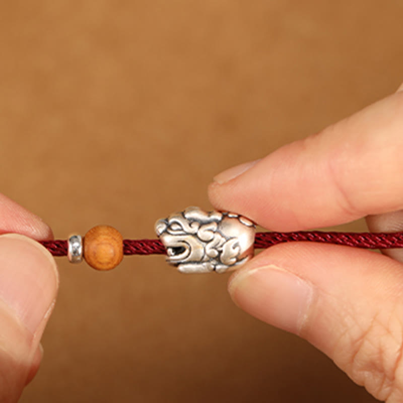 Fortune Jewel 999 Sterling Silver Pixiu Charm Peach Wood Bead Handmade String Braided Luck Bracelet Anklet - Fortune Jewel