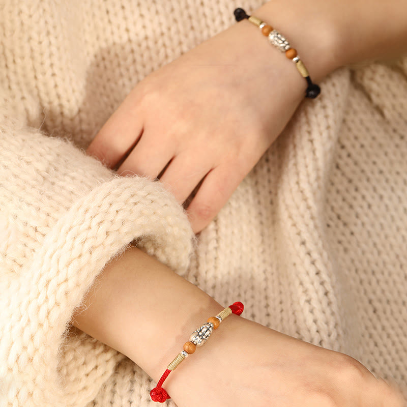 Fortune Jewel 999 Sterling Silver Pixiu Charm Peach Wood Bead Handmade String Braided Luck Bracelet Anklet - Fortune Jewel