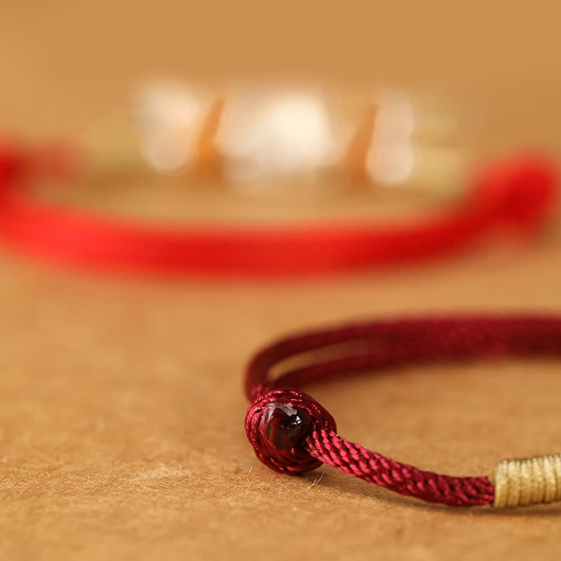Fortune Jewel 999 Sterling Silver Pixiu Charm Peach Wood Bead Handmade String Braided Luck Bracelet Anklet - Fortune Jewel